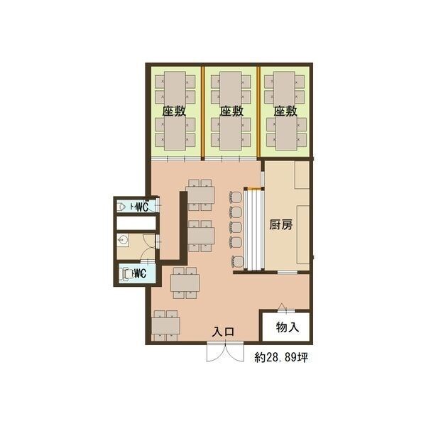 貸店舗・事務所　東大阪市 永和３丁目　広さ約２９坪　路面店　ちゃんこ料理屋跡 間取り